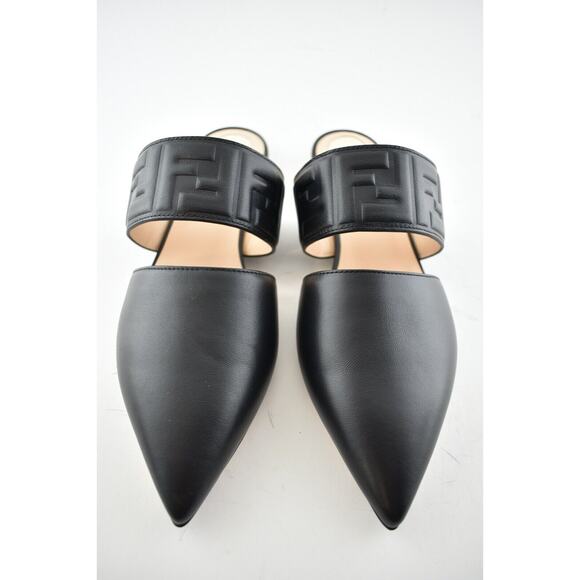 Fendi Motif FF Logo Black Leather Pointed Toe Ballerina Ballet Mule Flat 37.5 - Picture 5 of 12